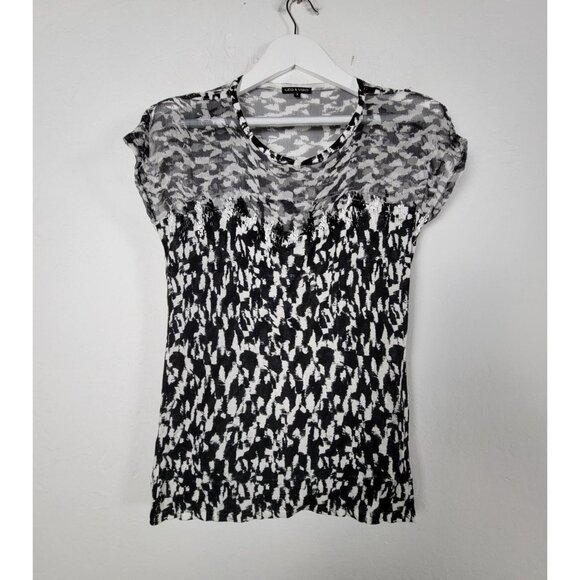 Leo & Ugo Womens Black White Abstract Short Sleeve Top Beaded Detail Size 3 - Picture 1 of 9
